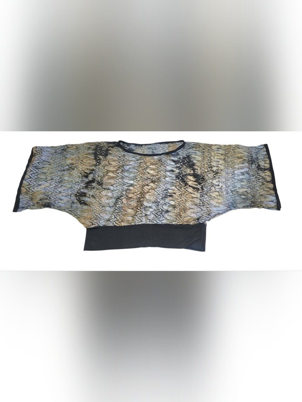 Vintage Boho Batwing Top Dolman Sleeve Lace Knit Tie Dye Banded Hem Blouse L/XL